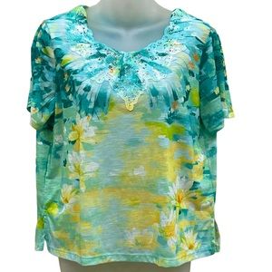 ALFRED DUNNER Short Sleeve Hawaiian Floral Print Lace Embellished Top SZ MP